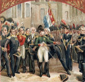 Het afscheid van Napoleon Bonaparte (1769-1821) aan de keizerlijke garde op de binnenplaats van Cheval Blanc in het kasteel van Fontainebleau op 20/04/1814. Chromolithografie van het einde van de 19e eeuw