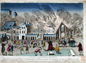 De brand van de St Germain Fair in Parijs, de nacht van 16 op 17 maart 1762 door French School