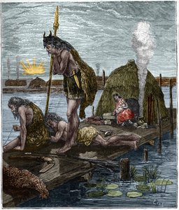 De eerste Parijzenaars, of inwoners van Lutece (Parijs) (hut op palen) Gravure uit 