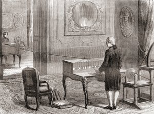 De eerste demonstratie in 1774 van de elektrische telegraaf, uitgevonden door Georges-Louis Le Sage, uit Les Merveilles de la Science, gepubliceerd ca. 1870 door French School