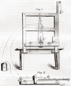 De eerste elektrische telegraaf uitgevonden door Samuel Morse in 1837, uit Les Merveilles de la Science, gepubliceerd ca. 1870
