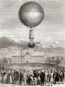 De eerste succesvolle ballonvlucht van Jean-Pierre François Blanchard op 2 maart 1784, in een waterstofgasballon gelanceerd vanaf het Champ de Mars, Parijs, Frankrijk, uit Les Merveilles de la Science, gepubliceerd ca. 1870 door French School