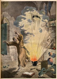De uitvinding van buskruit door de Duitse monnik en alchemist Berthold Schwartz (ca. 1318-1384) - Illustere uitvindingen. Het buskruit. Illustratie voor Le petit Journal, 27 januari 1901. door French School