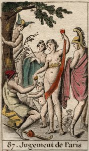 Het oordeel van Parijs, de herder Parijs moet kiezen aan wie hij de gouden appel zal geven om de mooiste van de drie godinnen, Athena, Aphrodite of Hera, aan te wijzen. Uit 