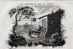 Het kind en de wolf. Fabel van Esope. Geschreven door Guillaume Montfort en gegraveerd door Beauble in 1801. door French School
