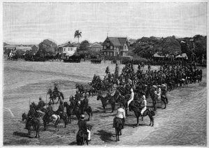 De laatste inspectie van president Etienne Félicité Salomon (1820-1888) in Port-au-Prince, Haïti. door French School