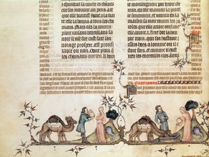 De ontmoeting van Eliezer en Rebecca bij de bron, uit De Bijbel van Jean de Sy, ca.1355