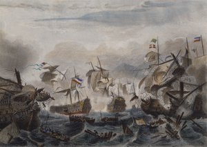 De zeeslag bij Kaap La Hogue in 1692, gegraveerd door Chavanne