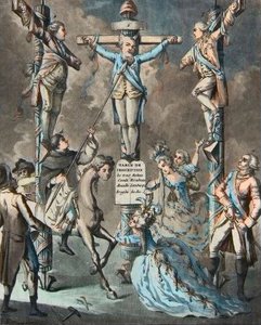 De nieuwe calvarie, Lodewijk XVI aan het kruis door opstanden - 2. en 3. Monsieur (Louis Stanislas Xavier, Graaf van Provence (1755-1824), Lodewijk XVIII) en de Graaf van Artois (Charles Philippe (1757-1836) Charles X), broers van de koning, leunden door d
