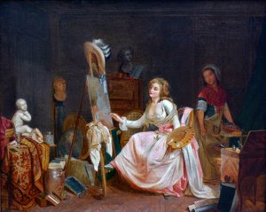 Het atelier van de schilder. Jonge vrouw schildert een schilderij