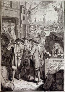 De perfecte onderhandeling (conclusie van een mars op een haven in de 18e eeuw) - frontispice van een werk door Jacques Savary door French School