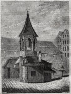De schandpaal van de hallen in de 18e eeuw, gebouwd op het oude kerkhof van de Onschuldigen - Gravure in 