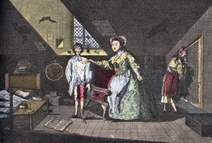 De vrome kleermaker betrapt op overspel. Gravure door Cabbage uit 1768 in Lire Et Galanterie. Wekelijkse collectie van Galante afbeeldingen onder leiding van John Grand-Carteret. 1903-1904