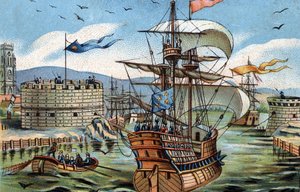 De haven van Le Havre in 1520. Chromolithografie rond 1890. door French School