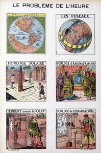 Het probleem van de tijd: Orbis Terrea, de spil, zonnewijzer, klok van Aroum Al Racshid, Gerbert uitvindt de Foliot, klok van Leonardo da Vinci - gravure, begin 20e eeuw