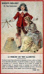 Het probleem van drie lucifers: kinderkaart die een spel in de vorm van een puzzel (raadsel) aanbiedt. Chromolithografie van de 19e eeuw. door French School