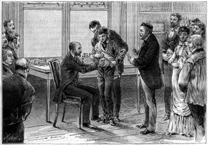 De rabiësvaccinatie-operaties, in het laboratorium van Louis Pasteur (1822-1895), tekening door C.Gilbert naar de natuur. Gravure in 