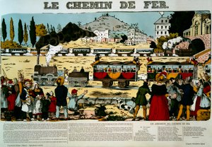 De spoorweg. Reizigers in treinwagons begroet door het publiek. Gravure. Afbeelding van Epinal