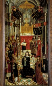 De kroning van Lodewijk XII (1462-1515) in de kathedraal van Reims op 27 mei 1498. Schilderij op hout van de Franse school van de 16e eeuw. 1501. Parijs, Nationaal Museum van de Middeleeuwen, Thermen van Cluny door French School