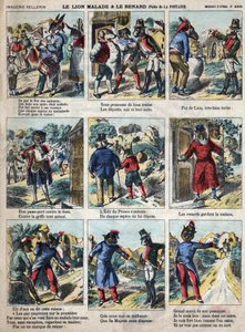 De zieke leeuw en de vos. Fabels van Jean de La Fontaine (1621-95). Epinal afbeelding eind 19e eeuw. door French School