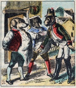 De zieke leeuw en de vos. Fabels van Jean de La Fontaine. Epinal afbeelding eind 19e eeuw. door French School