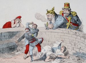 De situatie - Gauillaume: We moeten gekken helpen, Badingue (Napoleon III): Laat ze mijn broer doen, het zal tijd zijn om in te grijpen wanneer ze (de Parijzenaars) zichzelf hebben verslonden. Cartoon over de Commune. door French School