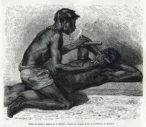 Het vijlen van de tanden in de Okanda, tekening door D. Maillard, ter illustratie van het verhaal van een reis naar Gabon en de Ogoue-rivier in 1875-1877, door Alfred Marche. Gravure in Le tour du monde