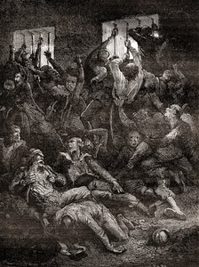 Het lijden en de dood door slechte ventilatie, van Engelse gevangenen in het Zwarte Gat van Calcutta, een kleine kerker in het oude Fort William in Calcutta, India, waar troepen van de Nawab van Bengalen, Siraj ud-Daulah, Britse krijgsgevangenen vasthielde door French School