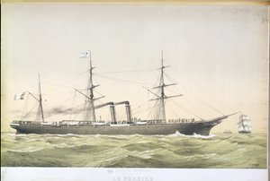 De trans-Atlantische peddelstoomboot Le Pereire op weg van Le Havre naar New York, ca. 1860 door French School