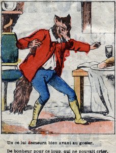 De wolf en de ooievaar. Fabels van Jean de La Fontaine (1621-95). Epinal imaging eind 19e eeuw.