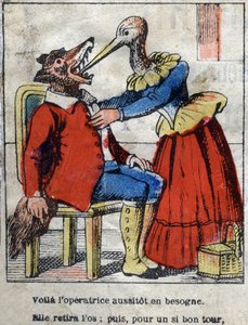 De wolf en de ooievaar. Fabels van Jean de La Fontaine. Epinal afbeelding eind 19e eeuw