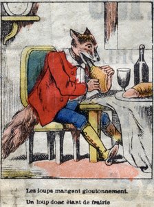 De wolf en de ooievaar. Fabels van Jean de La Fontaine. Epinal afbeelding eind 19e eeuw door French School