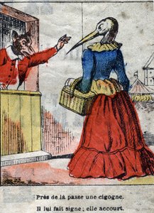 De wolf en de ooievaar. Fabels van Jean de La Fontaine. Epinal afbeelding eind 19e eeuw. door French School