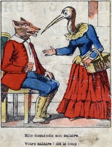 De wolf en de ooievaar. Fabels van Jean de La Fontaine (1621-95). Epinal afbeelding eind 19e eeuw.