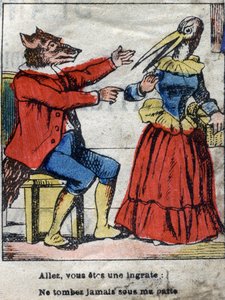 De wolf en de ooievaar. Fabels van Jean de La Fontaine (1621-95). Epinal afbeelding eind 19e eeuw.