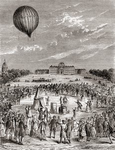 De eerste waterstofballon ter wereld, gelanceerd boven de Champs de Mars, Parijs, Frankrijk in 1783, uit Les Merveilles de la Science, gepubliceerd ca. 1870
