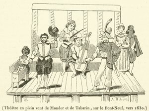 Openluchttheater van Mondor en Tabarin, op de Pont-Neuf, rond 1630 (gravure) door French School
