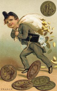 Dief die ontsnapt met een zak Franse francs en bankbiljetten, uit een serie promotiekaarten over valuta in verschillende landen, gepubliceerd in Parijs door Baster & Vieillemard voor gebruik door de chocoladeproducent