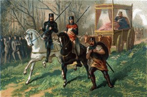 Thierry III, de luie koning van 673 tot 691, rijdt door Parijs in zijn door ossen getrokken wagen. Chromolithografie rond 1890