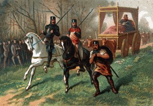 Thierry I (? - 533), koning van Austrasië op een kar getrokken door ossen. Chromolithografie uit het einde van de 19e eeuw.