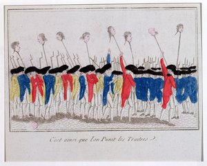 Zo worden verraders gestraft, sans-culottes die de hoofden van de geguillotineerden dragen, 1789