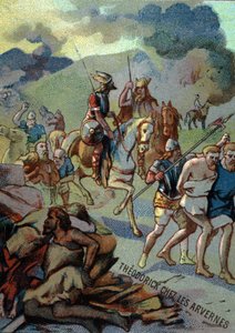 Théoderick, oudste zoon van Clovis, in de Arvernes (Auvergne) (532-533). Chromolithografie van de Serie "Patriottische Opvoeding door Beeld"
