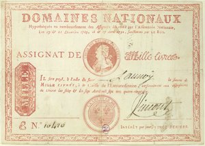 Duizend livre bankbiljet met een afbeelding van Lodewijk XVI, 1790 door French School