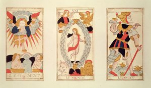 Drie tarotkaarten met afbeelding van Het Oordeel, De Wereld en De Dwaas (gekleurde houtsnede)