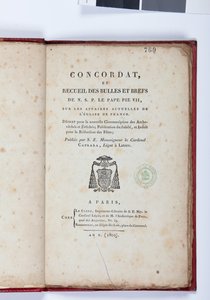 Titelpagina van de Concordat et Recueil des bulles et brefs de N. S. P. le Pape Pie VII, uitgegeven door Giovanni Battista Caprara, Parijs, Chez Le Clers, 1802 door French School