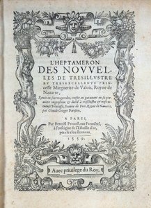 Titelpagina van de Heptameron: verhalen of nieuws door Margarita van Navarra (Marguerite van Valois, Marguerite van Angoulême of Marguerite van Frankrijk (1492-1549) Koningin van Navarra en dichteres