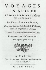 Titelpagina voor Reizen naar Guinee en de Caraïbische Eilanden in Amerika door Paul Erdman Isert, gepubliceerd 1743 door French School