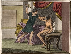 Titus Manlius Torquatus, gewapend met een mes, dwingt de tribuun Marcus Pomponius om beschuldigingen tegen zijn vader Lucius Manlius Capitolinus Imperiosus in te trekken. door French School
