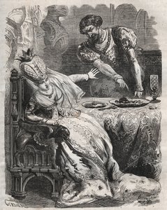 Om wraak te nemen voor de ontrouw van zijn vrouw, Gabrielle de Vergy, laat Eudes de Fayel haar zonder haar medeweten het hart van haar minnaar, Raoul de Coucy, eten. Scène van een 12e-eeuwse legende volgens welke Raoul I de Coucy (na 1142-1191) vroeg dat h door French School