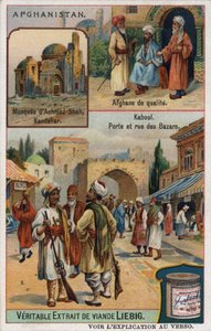 Boven: Achmed Shah-moskee in Kandahar en portretten van rijke Afghanen. Onder: Kabul-bazaar in Afghanistan. Reclamechromolithografie van de 19e eeuw.
